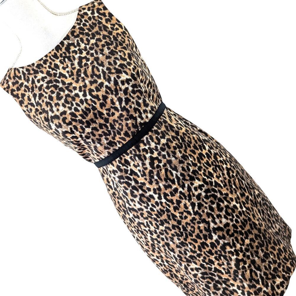 ANN TAYLOR LOFT PETITES! BLACK/BROWN GROSGRAIN RIBBON WAIST LEOPARD DRESS! SZ 2P - Picture 2 of 11